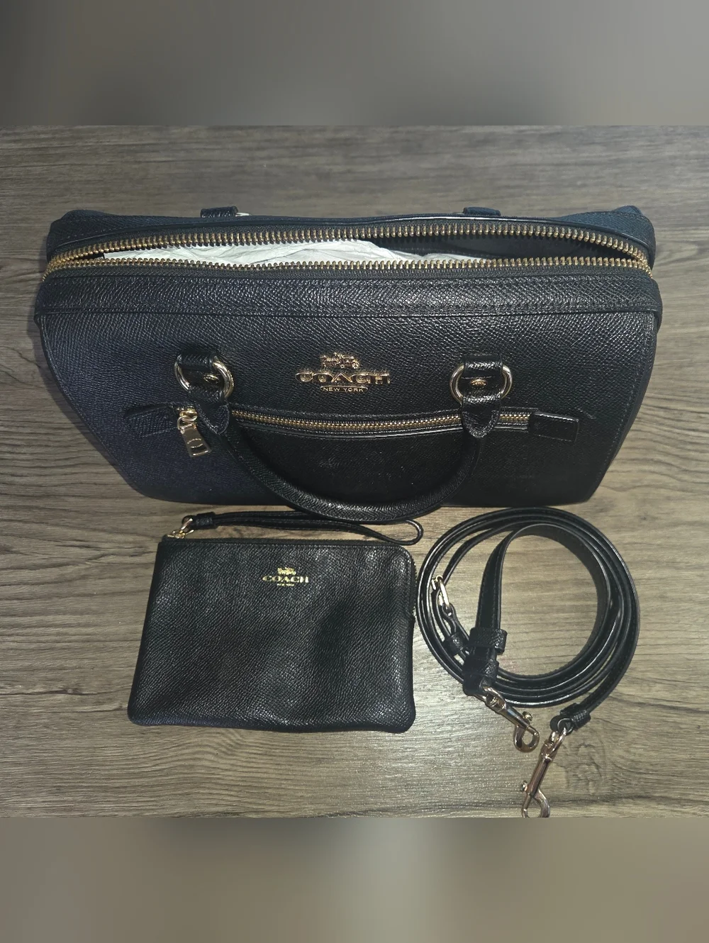 Coach Rowan Satchel Bag| Black Leather Handbag and Wristlet Set
